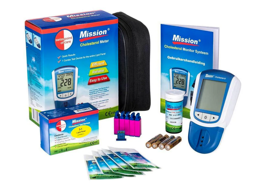 Acon Mission® Cholesterolmeter complete startset + 5 teststrips + 5 prikpennen + etui